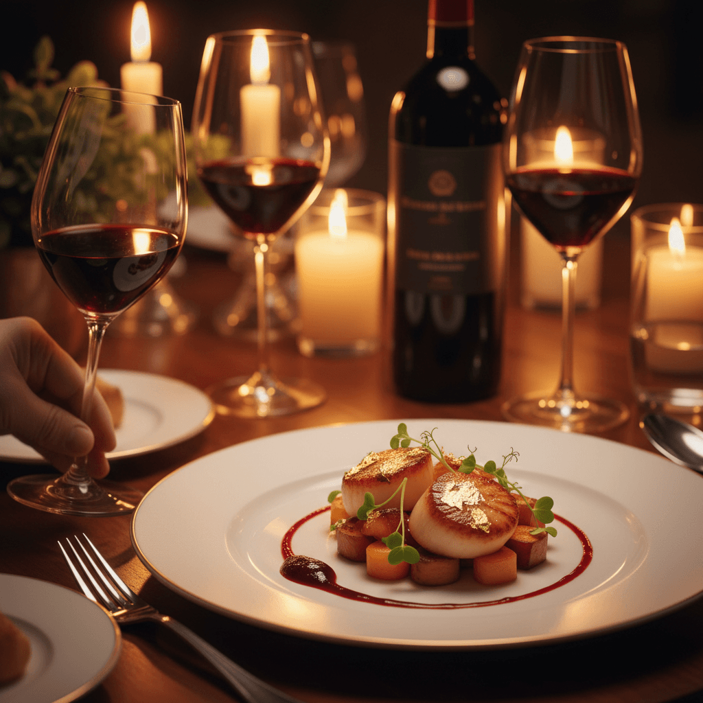 Fine dining experience with plated appetizer and wine