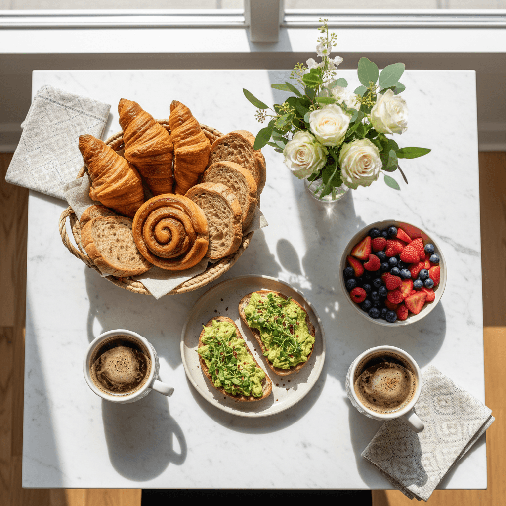 Luxury brunch spread with fresh pastries and specialty coffee