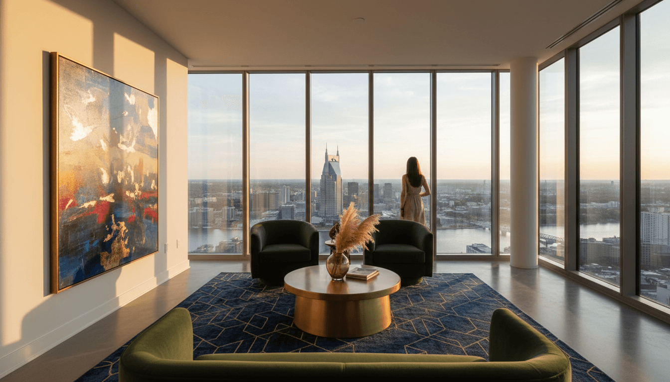 Luxury penthouse with Nashville skyline at golden hour, elegant furnishings and refined aesthetic