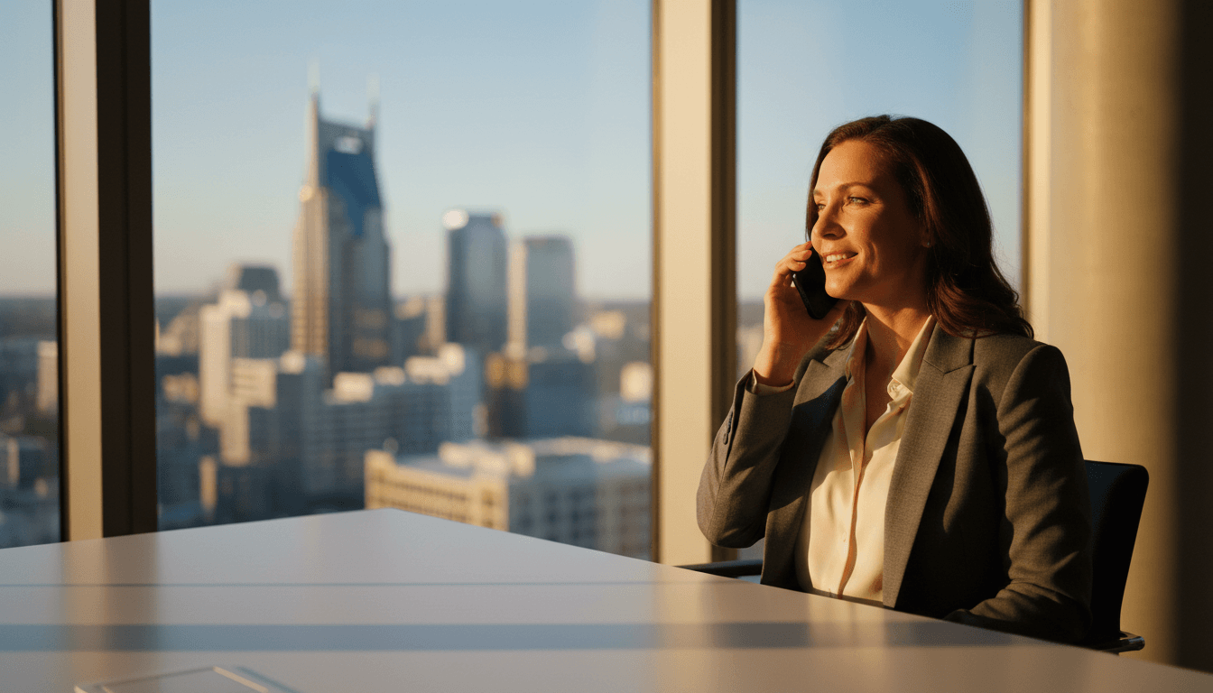 Professional woman on phone call in luxury Nashville office with city skyline view