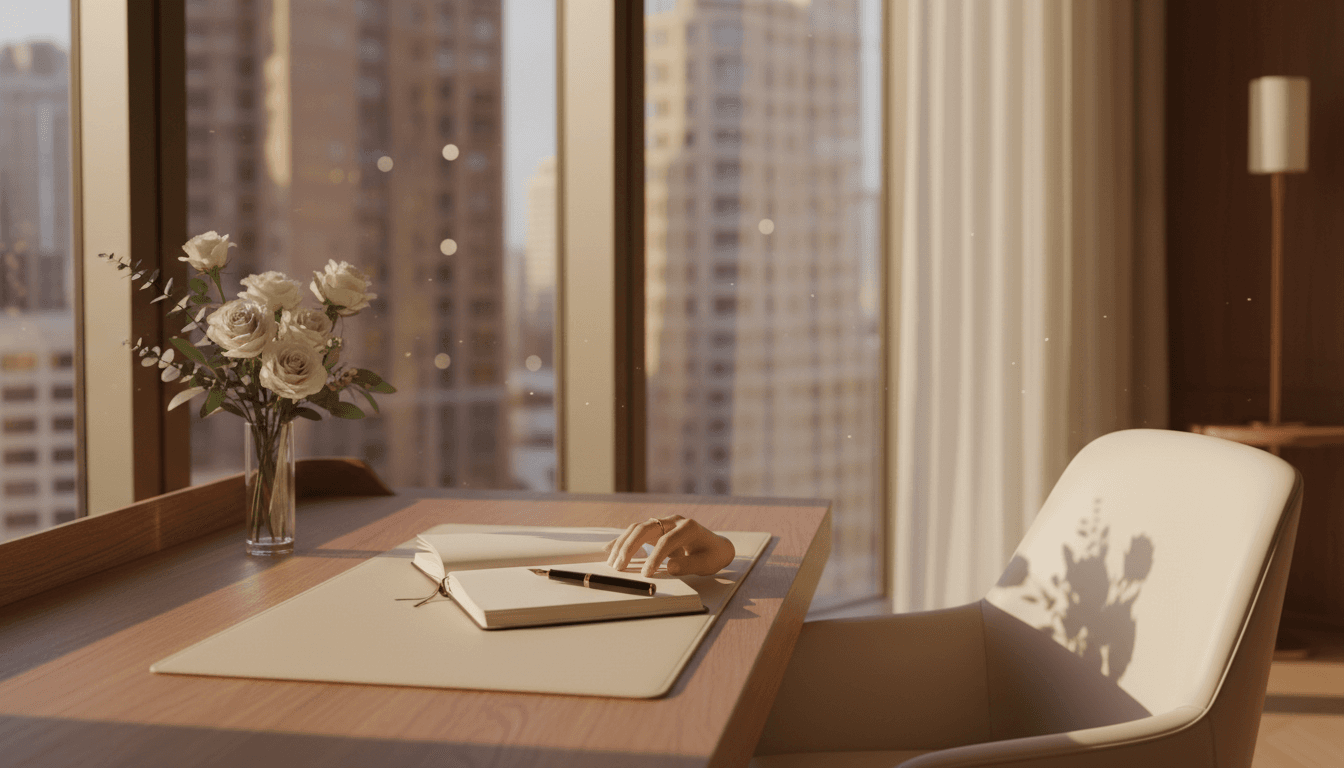 Elegant workspace with notebook and soft afternoon light, representing thoughtful luxury lifestyle planning
