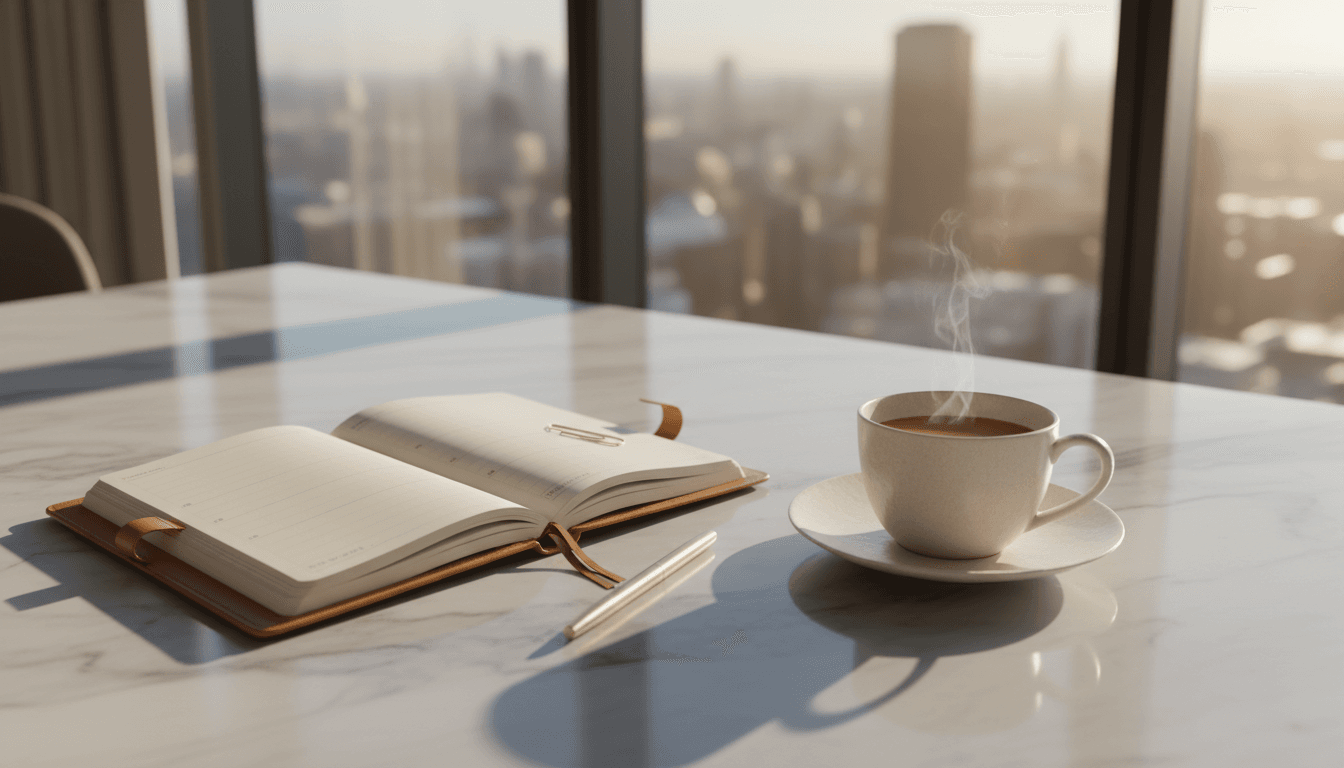 Elegant workspace with planner, pen, and warm beverage on marble surface with city view