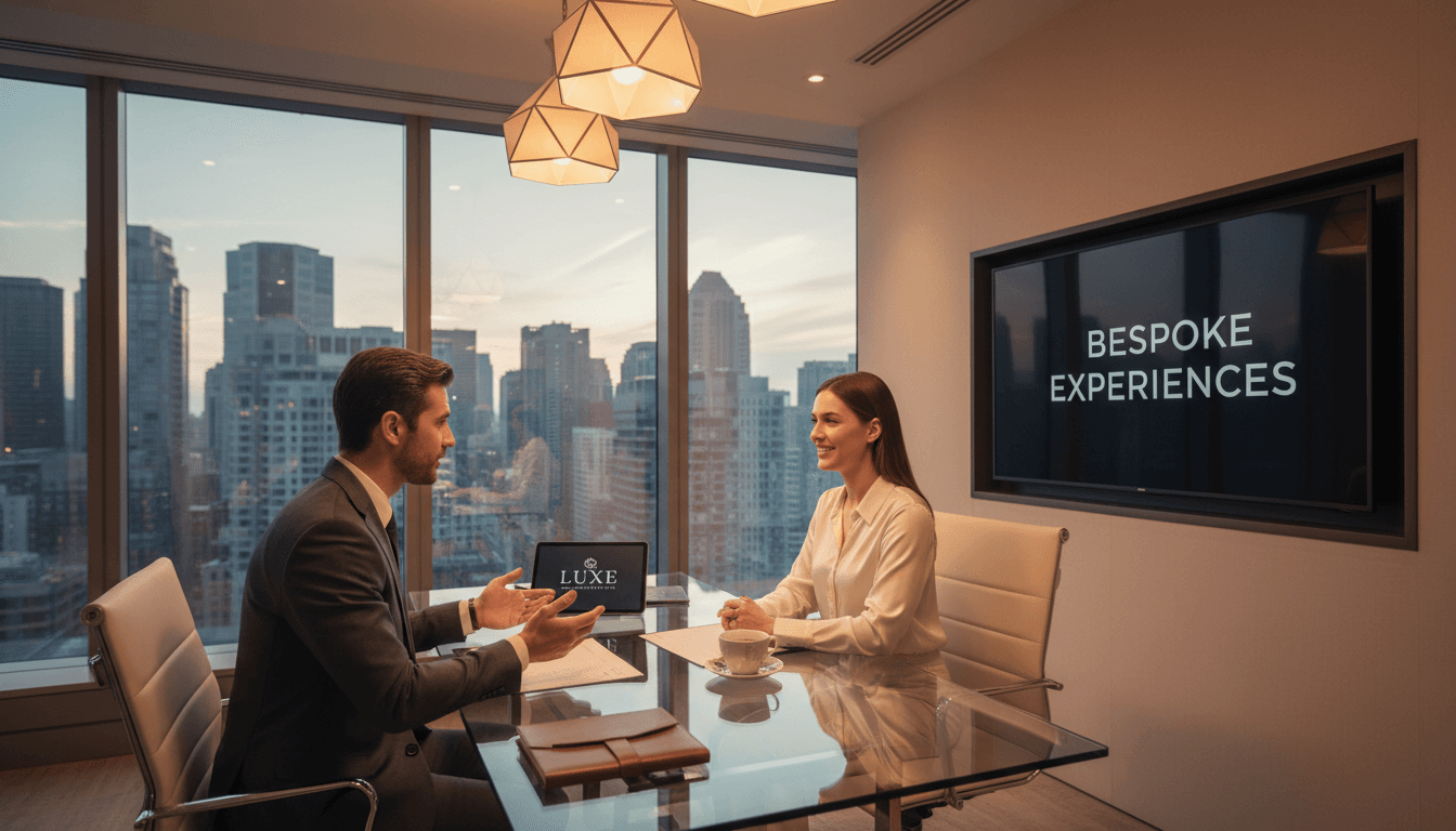 Luxury concierge professional meeting client in modern office setting.
