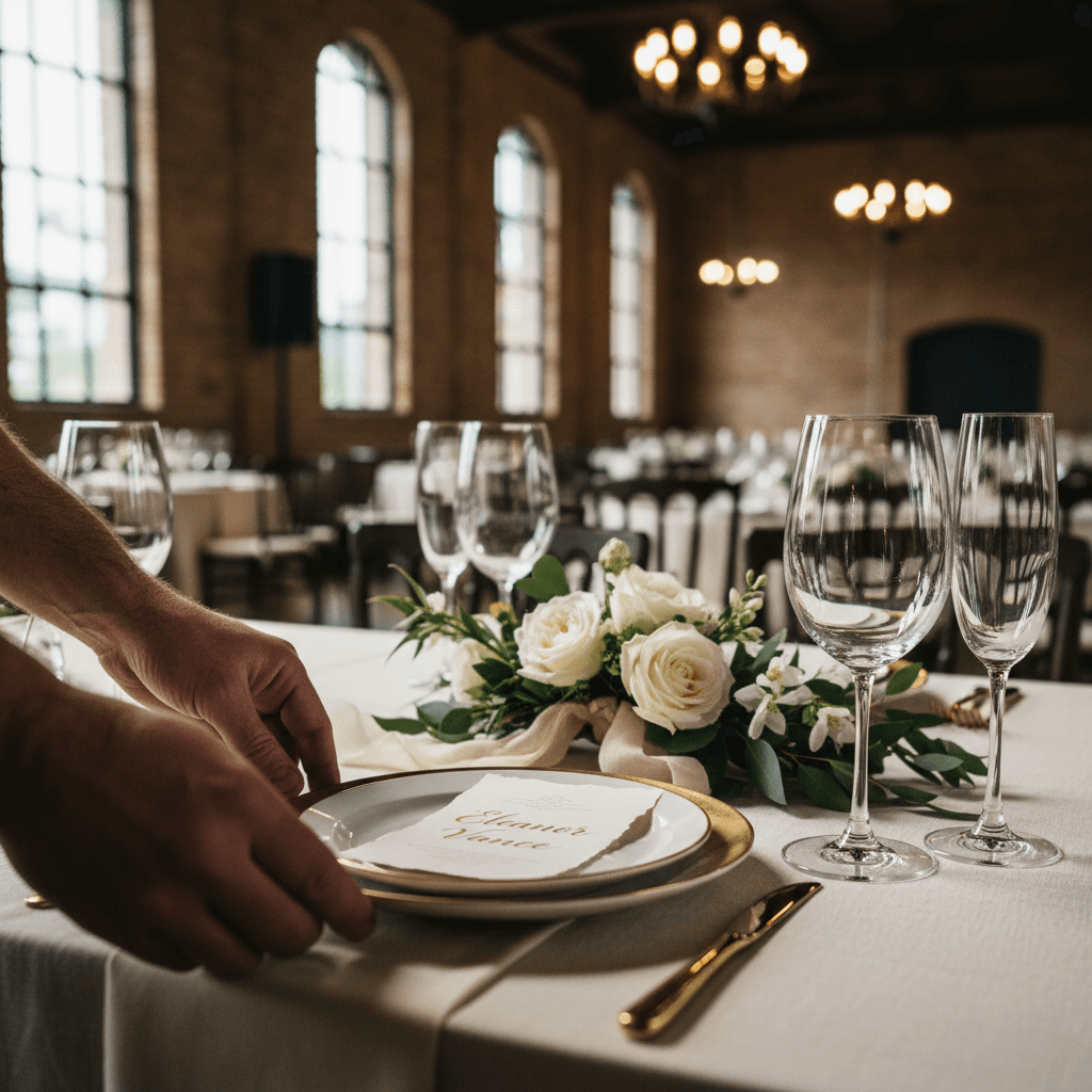 Event coordinator arranging elegant table settings and florals