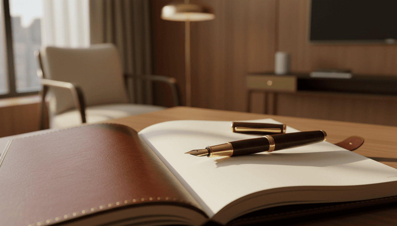 Luxury planner and fountain pen on cream pages with warm natural lighting