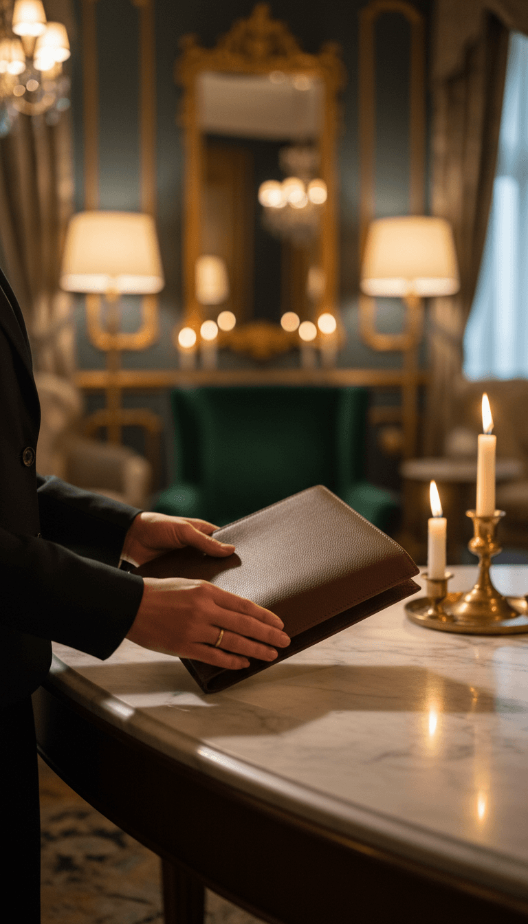 Professional hands holding a leather portfolio at a luxury desk with warm candlelit ambiance