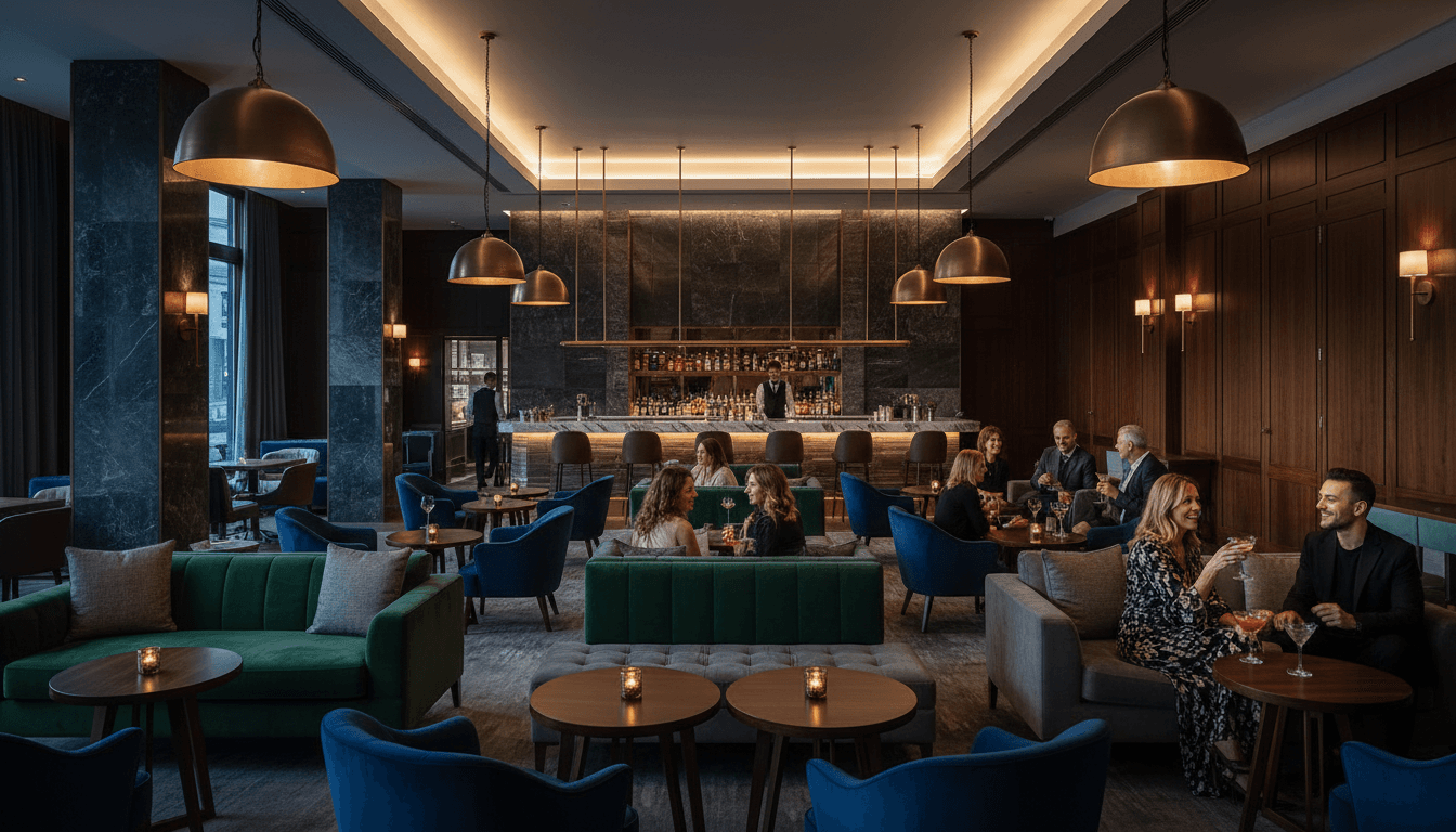 Elegant Nashville upscale venue with professionals networking in warm ambient lighting