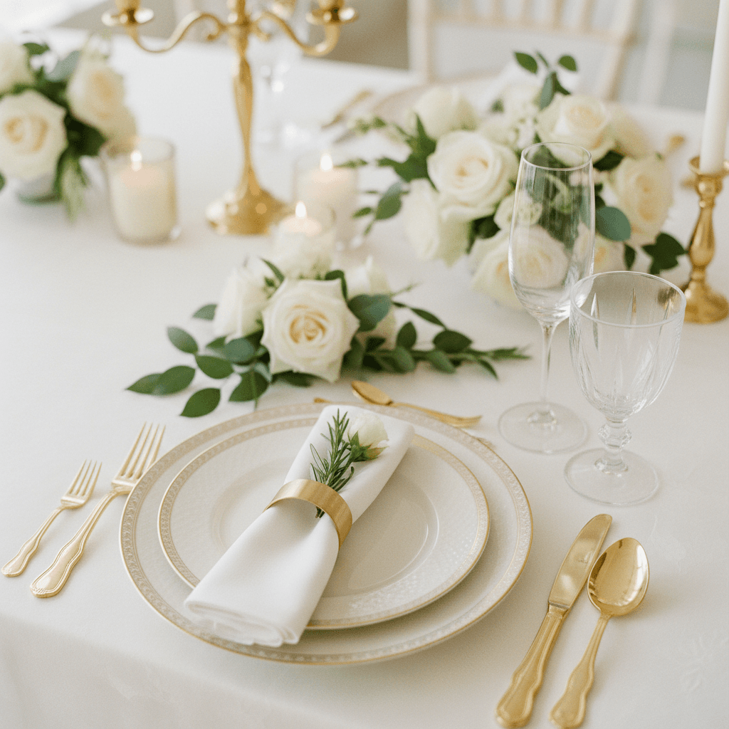 Luxury dinner table setting with candlelight and fine china
