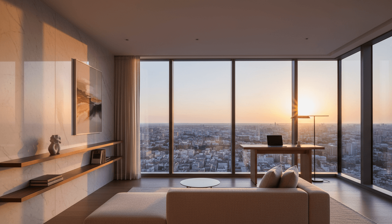 Luxury suite with floor-to-floor windows and city views