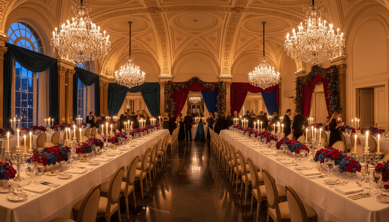 Luxury event space with chandeliers and floral arrangements