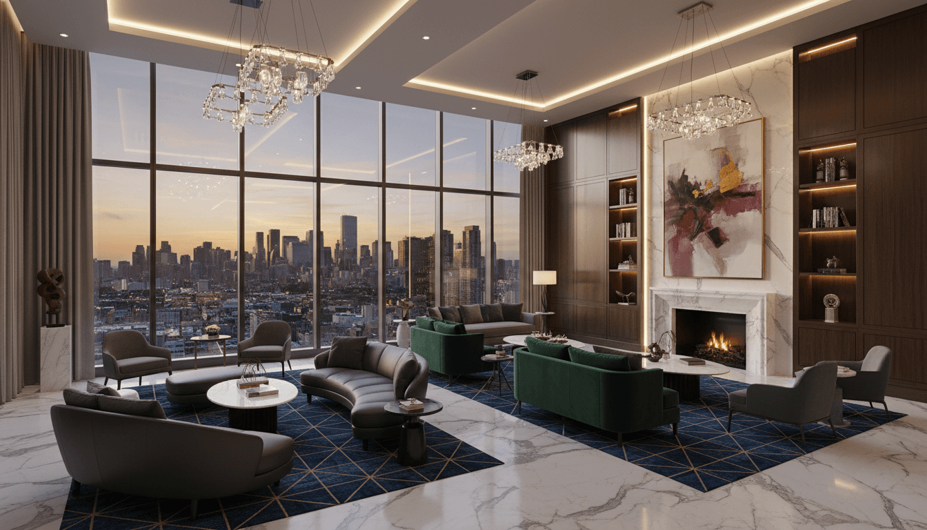 Elegant private lounge with leather furnishings, contemporary lighting, and city skyline views at dusk