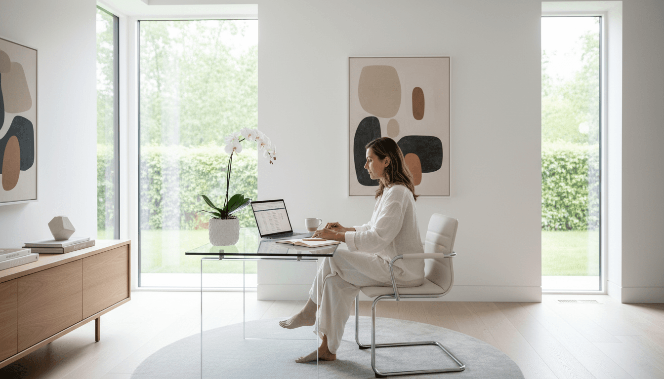 Professional woman reviewing luxury lifestyle details at desk
