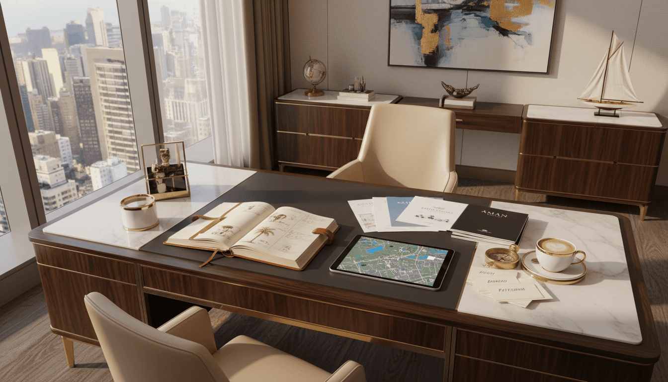 Travel consultant's luxury workspace with tablet, journal, and destination materials bathed in natural light