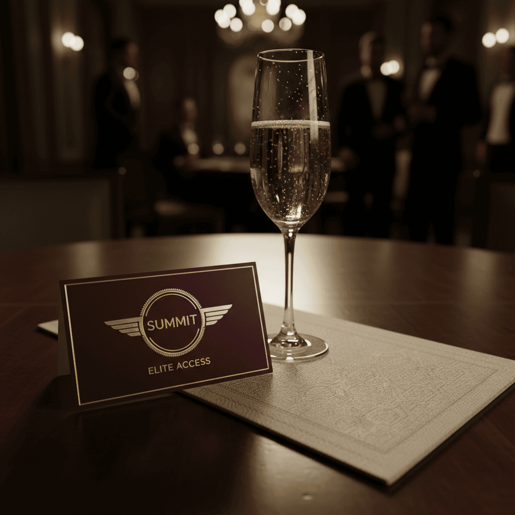 Luxury event credential and crystal champagne glass on elegant table with dramatic side lighting and blurred upscale reception background